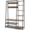 HOMASIS Guardaroba Camera da Letto in Legno, Appendiabiti da Terra con 5 Scaffali, 2 File di Ganci, Panca da Scarpe, 2 Mensole a Rete, Stand Appendiabiti Industriale, 118 x 40 x 180 cm, Marrone