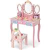 COSTWAY Toeletta Trucco 2 in 1 per Bambina, Specchiera Staccabile per Ragazza in Legno con Sgabello, 2 Portapenni e 3 Cassetti, Postazione Trucco per Cameretta, 3 Anni, 70 x 34 x 105cm (Rosa)