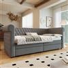 Soweiz Testiera vintage letto imbottito divano letto, divano letto letto singolo con 2 cassetti portaoggetti, letto per bambini letto per giovani telaio del letto con rete a doghe in legno, lino