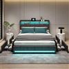 Marooma, Letto cassetto 140 x 200, letto imbottito con USB e LED, comodino con stoccaggio, spazio di archiviazione con 4 cassetti, letto matrimoniale con rete a doghe in metallo, lino (grigio, 140 x