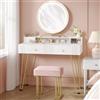 Hzuaneri toeletta trucco con Sgabello e Illuminazione, toeletta da trucco con specchio, Sgabello imbottito rosa, con Cassetti, 40 x 90 x 140 cm, Bianco Opaco e Oro DT42403XEU
