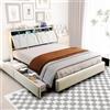 NFHVlo Letto Matrimoniale Multifunzionale 160x200 con Led Striscia e USB C, Letto Contenitore con Testiera e 4 Cassetti, letto Imbottito in Velluto con Rete a doghe,Struttura in Metallo, Beige-500KG