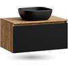 Planetmöbel - Set di mobili da bagno, composto da mobile sottolavabo da 80 cm in oro, rovere nero (con nervature), lavandino da 42 cm nero, incluso sifone salvaspazio