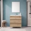 Inbagno Mobile Bagno A Terra 80 Cm Quercia Naturale Con 3 Cassetti Soft-Close, Lavabo In Ceramica E Specchio 60x80 Cm - Mobile Bagno Completo Linea Leda