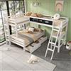 Zravenna - Letto a soppalco a 3 posti letto, scrivania, scaffale, letto a castello per 3 bambini con cassetti e scale, in legno di pino, 140 x 200 cm + 90 x 200 cm, colori: bianco e rovere