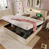 Moimhear Letto imbottito 140 x 200 cm, letto matrimoniale a LED con funzione di ricarica USB tipo C e illuminazione a LED, struttura in lino con rete a doghe (beige, 140 x 200 cm)