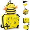 RELAX4LIFE Set Valigia Cavalcabile/Trolley per Bambini 18'' con Zaino 12'', 4 Ruote Girevoli, Maniglia Retrattile 56cm, 2 Cingie Multiuso, Zaino: 26x30cm/Trolley:47x26,5x36,5cm (Giallo)