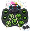 ZTBGY Kit batteria elettronica portatile, pieghevole, con cuffie e altoparlanti integrati, 2 pedali, con luce LED e connessione Bluetooth, ideale per bambini/principianti (verde chiaro)