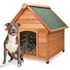 AQPET Cuccia per Cani in Legno M da Esterno con Tetto Spiovente Impermeabile e Tenda Termica, Casetta Cane Isolata per Interno ed Esterno, Resistente alle Intemperie, 87x116x96h cm