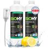 BiOHY Detergente per scopa aspirante (2 bottiglie da 1l) + Distributore | Concentrato 1:200 per aspiraliquidi | ideale per piastrelle, PVC, parquet e moquette | ecologico (Saugwischer)