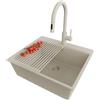 PRIMAGRAN Lavandino da Cucina Tutto Beige 58x50cm, Lavello in Granito a 1 vasca + Rubinetto 40x20cm + Set di accessori, Lavabo da Cucina Incasso al Mobile 60cm - Oslo Top S400