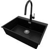 PRIMAGRAN Lavandino Angolare Nero 68x50cm, Lavello in Granito a 1 vasca + Rubinetto 40x20cm + Set di accessori, Lavabo da Cucina Incasso al Mobile 70cm - Oslo Top S455