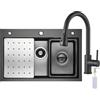CECIPA Lavello Nero (Antracite) con Rubinetto Cucina Estensibile, 70 x 45 cm Lavandino Cucina Nero in Acciaio Inox, incl. Dispenser di Sapone e Sifone, Vasca Mobile Interno e Tagliere