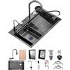 KOOGIMDDR 50 Cm Di Larghezza Nero Grande Cascata Lavello Cucina Acciaio Inox Set, Lavello Multifunzione1 Vasca Con Cascataterraneo Rubinetto, Lavandino Esterno Con Gocciolatoio E Vari Accessor(Black-Grey B,85x5
