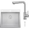 CECIPA 54x49 cm Lavello Cucina in Acciaio Inox con L Rubinetto Cucina Estraibile, Lavandino Cucina 1 Vasca con Dispenser Sapone per Mobile da 60cm