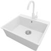 PRIMAGRAN Lavandino da Cucina Bianco 58x50cm, Lavello in Granito a 1 vasca + Rubinetto 32x20cm + Set di accessori, Lavabo da Cucina Incasso al Mobile 60cm - Riga S317