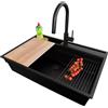 PRIMAGRAN Lavandino da Cucina Tutto Nero 78x53cm, Lavello in Granito a 1 vasca + Rubinetto 40x20cm + Set di accessori, Lavabo da Cucina Incasso al Mobile 80cm - Oslo Pocket Multilevel S415