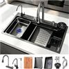 ATHOMASM - Lavello da cucina in acciaio INOX a 1 vasca, 75 x 50 cm, nero grigio, con design a cascata, rubinetto estraibile, stazione di lavoro e scolapiatti