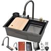 DSMRLEOP Lavello da cucina in acciaio inox nero, stazione di lavoro multifunzionale con rubinetto a cascata estensibile, tazza di risciacquo ad alta pressione, tagliere, sifone con cestello di scarico