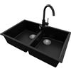 PRIMAGRAN Lavandino da Cucina Nero 78x50cm, Lavello in Granito a 2 vasche + Rubinetto 32x20cm + Set di accessori, Lavabo da Cucina Incasso al Mobile 80cm - Madrid Twin S009