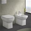 Inbagno Coppia wc e bidet filomuro salvaspazio senza brida con scarico universale, in ceramica bianco lucido con sedile originale soft-close, serie GINEVRA