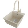 PRIMAGRAN Lavandino da Cucina Beige 38x44cm, Lavello in Granito a 1 vasca + Rubinetto 38x14cm + Set di accessori, Lavabo da Cucina Incasso al Mobile 40cm - Riga Easy S033