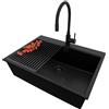 PRIMAGRAN Lavandino Angolare Tutto Nero 68x50cm, Lavello in Granito a 1 vasca + Rubinetto 40x38cm + Set di accessori, Lavabo da Cucina Incasso al Mobile 70cm - Oslo Top S484