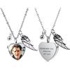 OTXIXTO Personalizzato Collana Angelo Ala Ciondolo Cuore Urna Incisione Foto/Nome per Uomini Donne Ragazza con Pietra Portafortuna Acciaio Inox Pet Umana Ceneri Titolare Memorial Keepsake(Argento)