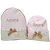 Borda y más Completo per scuola PERSONALIZZATO con il NOME RICAMATO: Zaino o zainetto + sachetta porta merenda. Noa: Vari colori disponibili (Rosa/Camel)