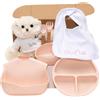 BebeDeParis Regalo ecologico personalizzato per bambini | stoviglie in silicone e bavaglino ricamato con nome + biologico | fatto a mano in Spagna (Rosa | Set di Piatti + Bavaglino + Orsetto) | BebeDeParis