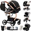 Sianldcone Pelle PU Passeggino 3 in 1 Trio Neonati, Tessuti di Alta Qualità Carrozzina per Neonato, Spinta Bidirezionale Passeggino Reversibile, Visione Aperta Passeggini Trolley (L518 Black)