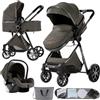 Magic ZC Passeggino Trio, Passeggino 3 in 1 con Doppia Modalità Push Reversibile, Trio Neonati con Grande Navicella, Carrozzina per Neonati in Alluminio Pieghevole (V9 Deep Grey)