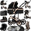 Reenborn Passeggino Trio, Passeggino 3 in 1 con Due Modi Reversibili Spingere, Trio con Telaio Alluminio Paesaggistico Alto, Trio Passeggino Neonati con Design Pieghevole in Un Clic (739 Black Gold)