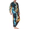 Buewutiry - Set pigiama da uomo, colore rosso e blu, motivo drago, manica lunga, pigiama, pigiama da uomo, Nero, L