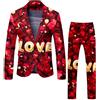 YOSUWOAI Tuta da uomo con motivo a cuore, a maniche lunghe, blazer + pantaloni, 2 pezzi, formali, slim fit, smoking, giacca e pantaloni per San Valentino, elegante abito da sposa, P rosso., L
