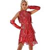 Generisch Abito da donna con paillette, con scollo rotondo, con frange glamour per latino e chaCha, elegante costume rumba., O rosso., M