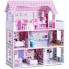 GIANTEX Casa delle Bambole in Legno, Set Giocattoli per Bambole, Casetta a 3 Piani con Mobili per Bambini, Giocattoli per Camera dei Bambini, Rosa 62x27x70cm
