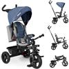 BAKAJI Triciclo Passeggino 4 in 1 per Bambini, Pedali o Manico Antiscivolo Ergonomico per Spinta, Sediolino Imbottito, Cinture di Sicurezza, Asta Direzionabile, Tettuccio Cappottino Parasole (Blu)