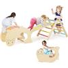 RELAX4LIFE 7 in 1 Set da Arrampicata con Scivolo per Bambini, Arco da Arrampicata Pieghevole in Legno, Cavallo a Dondolo Convertibile in Tavolino per Bimbi 1+ Anni (Colorato)