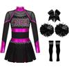 Yruioon Costume da cheerleading a maniche lunghe da ragazza, 4 pezzi, con pompon e calzini per capelli, per Halloween, Carnevale