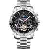 FORSINING Orologio da uomo Tourbillon automatico a carica manuale, cinturino in acciaio inox, fase lunare, orologi meccanici, visualizzazione della data analogica, Nero , Bracciale