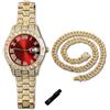 genkigold Orologio con Diamanti per Ragazzi - Quadrante Rotondo 42mm con Numeri Romani in Rosso - Placcato in Oro 18K Cinturino 20cm - Include Strumento di Regolazione, Abbinato a Catena Cubana 40cm