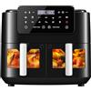LLIVEKIT Friggitrice ad Aria a 2 Cestelli, Air Fryer da 9L, Friggitrice senza Olio con Display LED, Finestre Visibili, 10 Funzioni, Cottura e Finitura Sincronizzate, da 50-200oC, 2400W, Nero