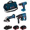 JG todotaladros BOSCH Kit 18V BK305BAG (Martello Perforatore GBH 18V-21 + Trapano a Percussione GSB 18V-21 + Smerigliatrice GWS 18-125 V-LI + 2 Batterie di 5,0 Ah + Caricabatterie + Borsa)