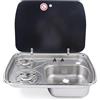 Generic Fornello da campeggio a gas per esterni, con 2 bruciatori, lavello in acciaio inox e copertura in vetro, ideale per camper, roulotte, camper, GPL, uso a gas, compatto e portatile