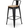 Kosmi - Chaise de Bar, Tabouret Moyen Style industriel avec Petit dossier en Métal Noir Mat et assise en Bois Naturel Clair, assise Hauteur 66cm