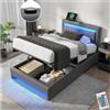 Lubvtti Letto imbottito con LED e connessione USB (supporta la ricarica wireless e via cavo),letto singolo 90x190cm con Testiere e contenitore,telaio del letto con rete a doghe,PU,grigio
