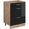 Vicco Mobiletto base per cucina R-Line, Nero lucido, 60 cm con cassetti, senza piano di lavoro, per la libera combinazione all'interno di sistemi cucina modulari