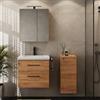 Planetmöbel Set di mobili da bagno lavabo con mobiletto 63 x 60 x 36,5 cm, armadietto a specchio 60 cm con luce LED (nero opaco) e presa, con armadio midi, per bagno e WC ospiti, rovere oro