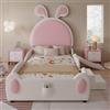 VIVCA Letto imbottito, letto singolo con piccola scala e scivolo per bambini, testiera con orecchie di coniglio, culla con doghe in legno, PU, bianco+rosa, 90 x 200 cm